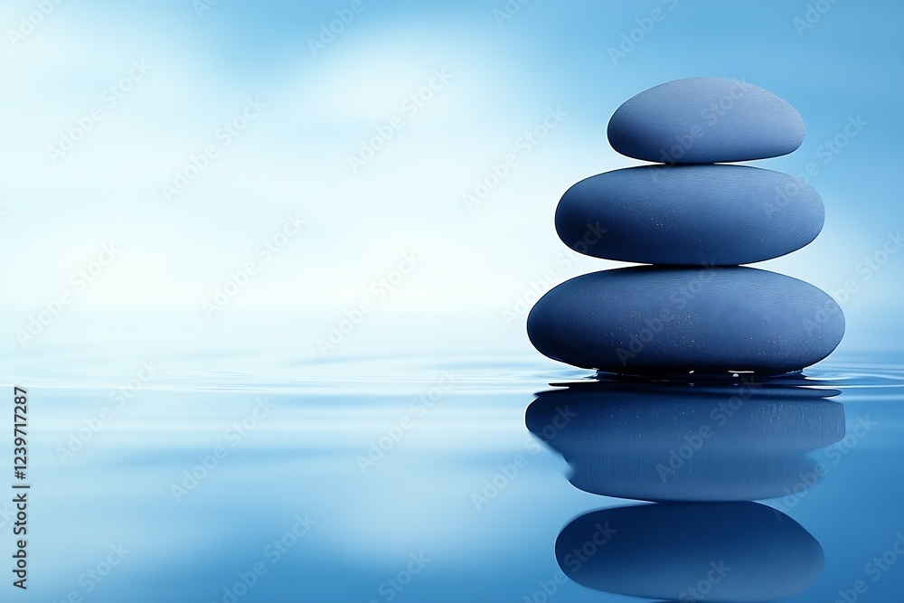 Poster minimalist stacked stones balancing on calm water with soft blue background for meditation and peace