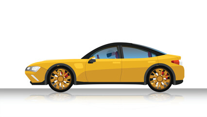 Concept vector illustration of detailed side of a flat yellow sport car. with shadow of car on reflected from the ground below. can view interior of car with driving man. Isolated white background.