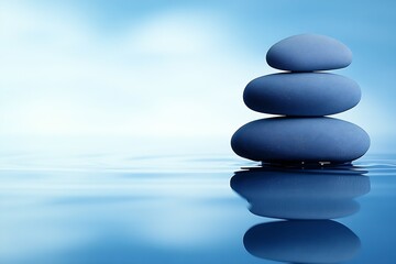 Obraz premium Minimalist stacked stones balancing on calm water with soft blue background for meditation and peace : Generative AI
