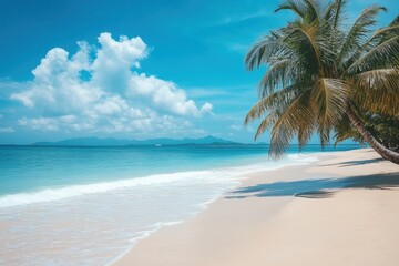 Beautiful tropical beach with palm trees under a vibrant blue sky and gentle waves lapping at the shore. Generative AI