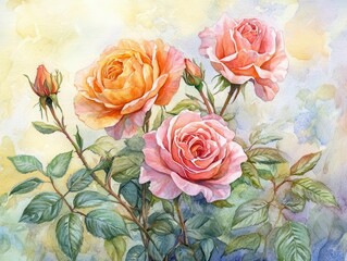 botanical illustration series of garden roses in various stages of bloom, watercolor technique with detailed textures