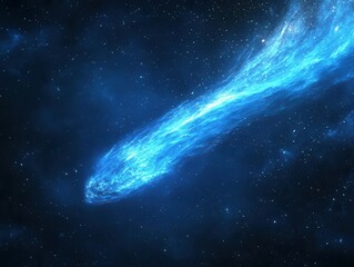 Fototapeta premium brilliant azure comet streaking through starlit cosmos, trailing iridescent particles, dynamic motion blur against deep space