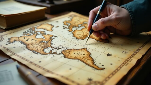 Antique maps, mystical typography, cryptic symbols, secret study, vintage compasses, mysterious atmosphere, whispering shadows, old books, parchment, inkwell, quill pen
