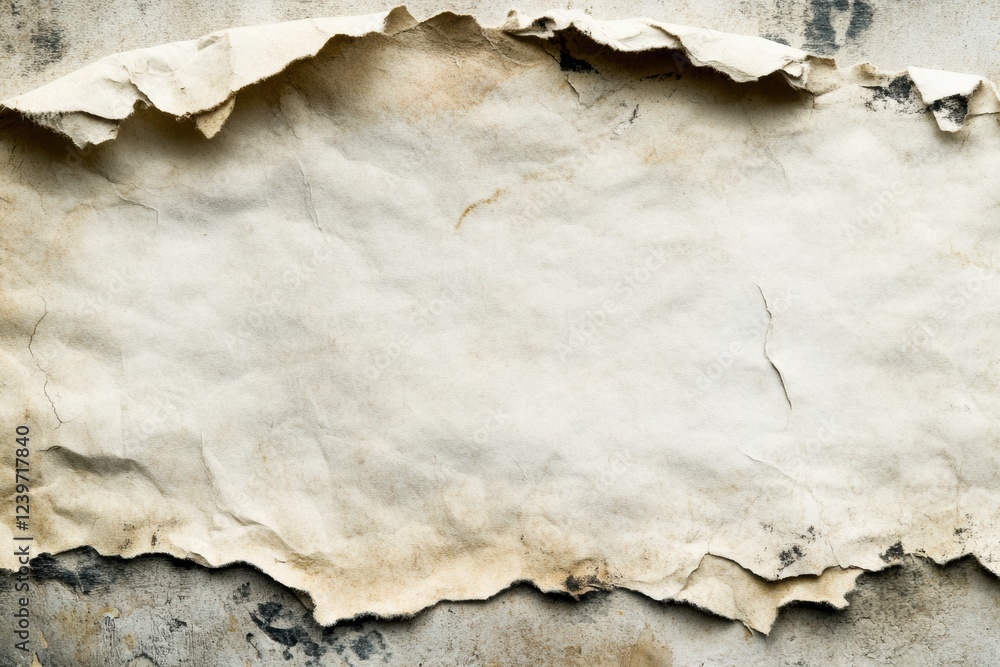 Poster torn old paper with a weathered texture and faded colors lying on a rustic surface. generative ai