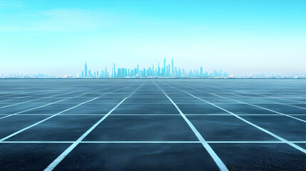 Empty square floor tiles and modern city skyline panorama under the clear sky during daytime perfectly.