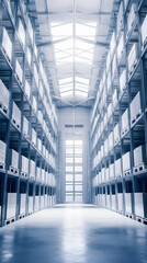 Warehouse Interior Shows Rows of Storage Racks Filled with White Boxes Under Bright Skylights Efficiently