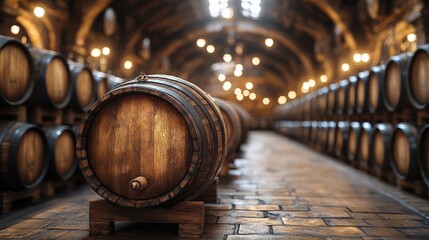Wooden barrels lined in a rustic cellar, illuminated by warm lights, creating a cozy atmosphere