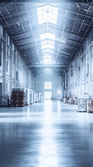 Fototapeta premium Empty Warehouse Interior Shows Pallets and Boxes Stacked Neatly with Bright Lighting