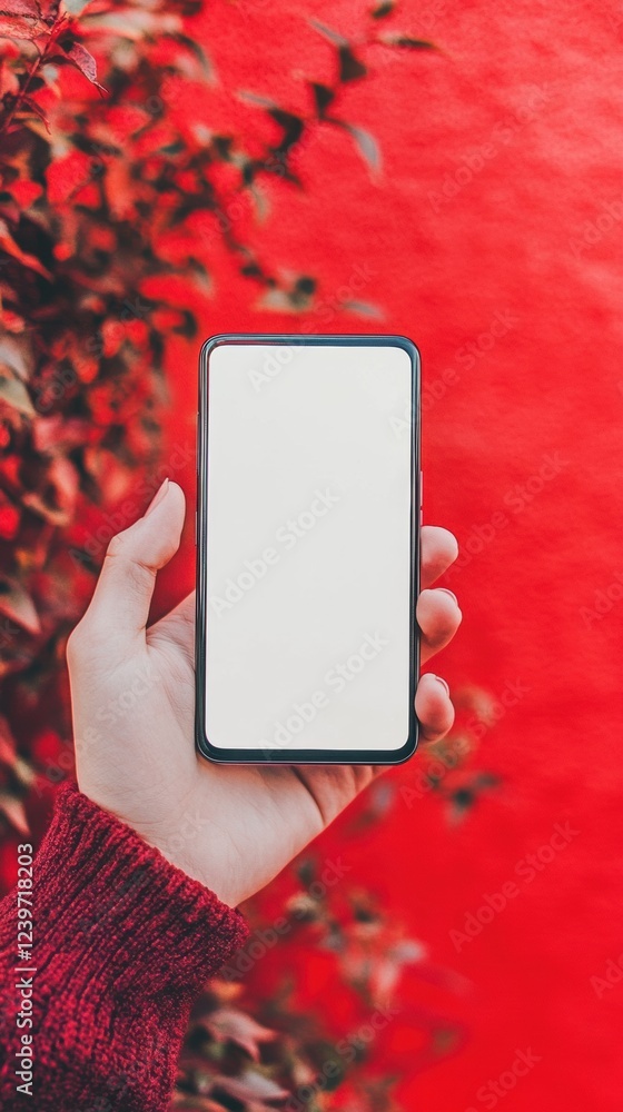 Aufkleber hand holding blank smartphone against vibrant red background with leafy accents in autumn setting. g