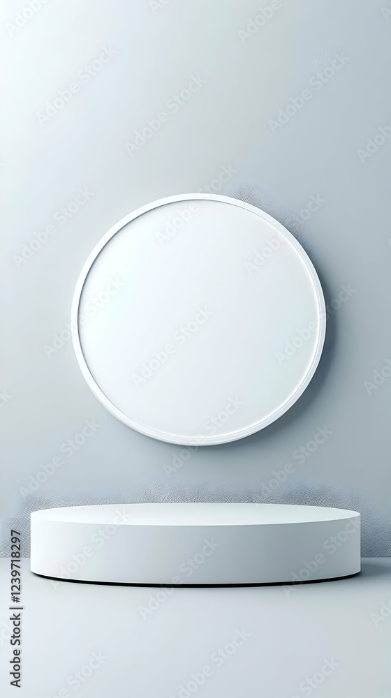 Poster white cylinder podium with oval frame on empty wall background in studio lighting for product displa