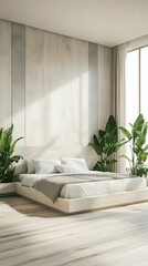 Modern Minimalist Bedroom Interior Design with Wooden Walls, Plants, and Natural Light.