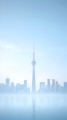 Misty Cityscape with Tower Dominating Skyline Reflected in Calm Water at Dawn
