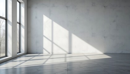 Sunlit Empty Room With Large Windows And Concrete Wall