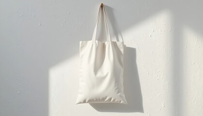 A Blank Tote Bag Hangs Against A White Wall