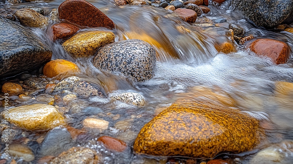 Poster closeup of water flowing smoothly over multicolored stones in a creek : generative ai