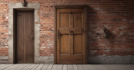 Distressed rope ladder leading to a vintage wooden door with a brass knocker and worn brick wall background ,  knocker,  vintage,  brick