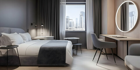 Modern Hotel Room Interior Design Showcases a Comfortable Bed, Desk, and City View.