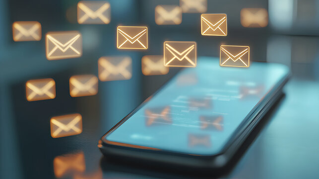 Email marketing, email automation, marketing automation. Customer engagement, retention, loyalty. Business e-mail communication, digital marketing. 3D smartphone with emails inbox and marketing 
