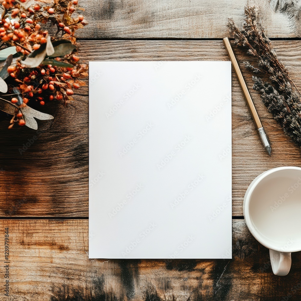 Poster blank sheet of paper on wooden table with greenery and cup nearby, perfect for creative ideas or bra