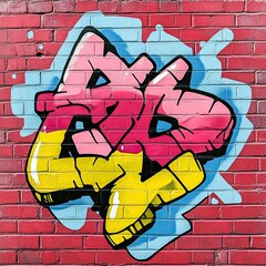 Sticker of a cartoonish, colorful graffiti tag on a brick wall