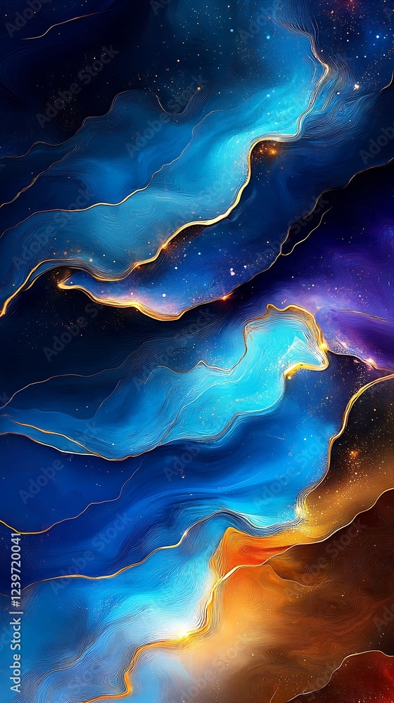 Poster Dynamic Blue and Gold Abstract Art Representing Flow and Cosmic Wonder with Fluid Waves : Generative AI