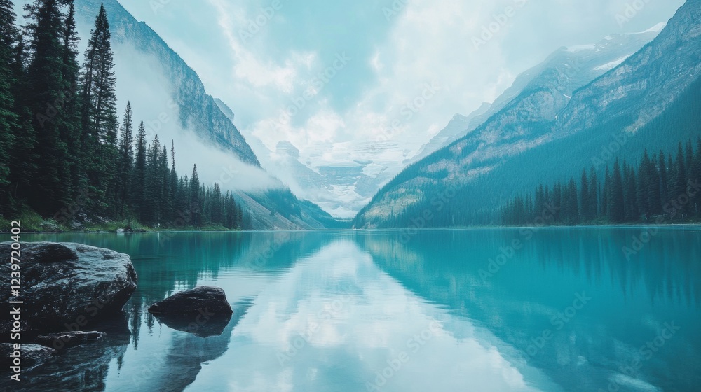 Poster majestic lake surrounded by fog covered mountains with clear turquoise waters reflecting the sky. ge