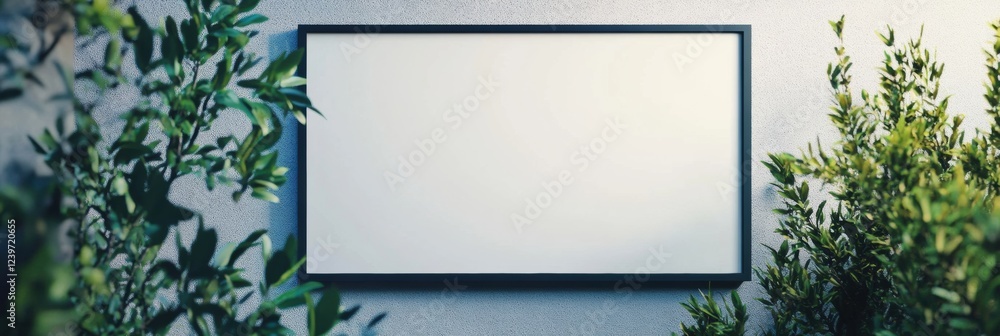 Poster blank wall frame surrounded by lush greenery in a tranquil outdoor setting during daytime. generativ