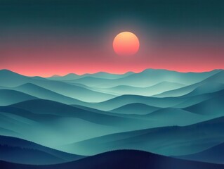 Fototapeta premium dreamlike minimalist mountain landscape at dawn with layered emerald hills disappearing into misty distance, digital illustration style