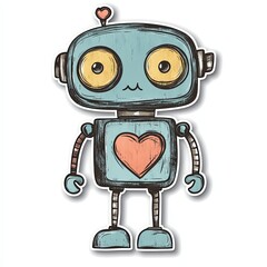 Sticker of a quirky robot with a heart-shaped antenna