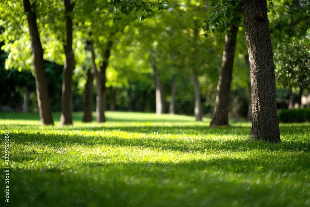 Fototapete lush green park with tall trees and sunlit grass creating a serene environment for relaxation in the