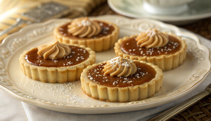 Caramel tartlets with whipped cream and powdered sugar