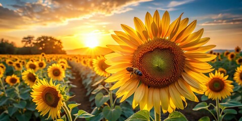 Fototapeta premium Golden Hour Serenity in a Sunlit Sunflower Field