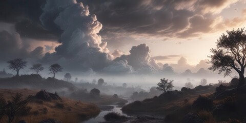 Dreamy clouds and misty landscapes with eerie lighting and surreal silhouettes, clouds,  landscape,  dreamlike