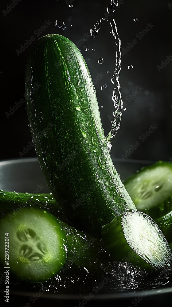 Poster beautiful cucumbers splashed with water surrounded by sweet green slices : generative ai