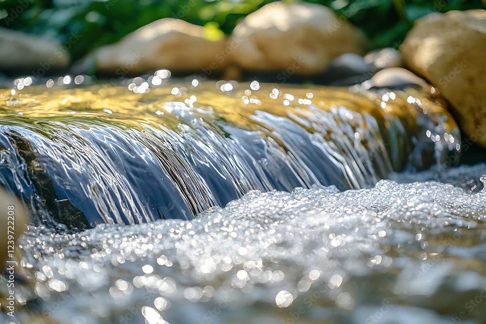 Poster majestic view of waterflow glimmering over rocks reflecting light through leaves : generative ai