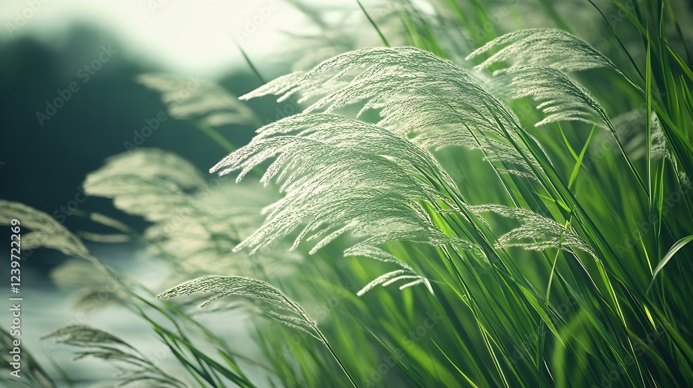 Aufkleber Graceful grass patterns swaying gently near the water reflecting warm sunlight in a peaceful setting : Generative AI