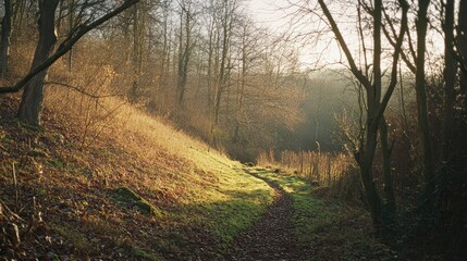 Obraz premium Serene Forest Path at Sunrise with Golden Morning Light