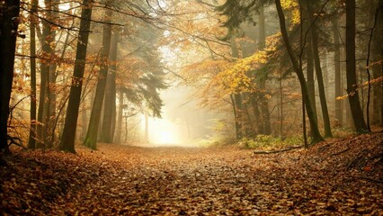 Naklejka premium Path through a misty forest during a beautiful foggy autumn day. The forest ground of the Speulder and Sprielderbos in the Veluwe nature reserve is covered with brown fallen leaves and the path is dis