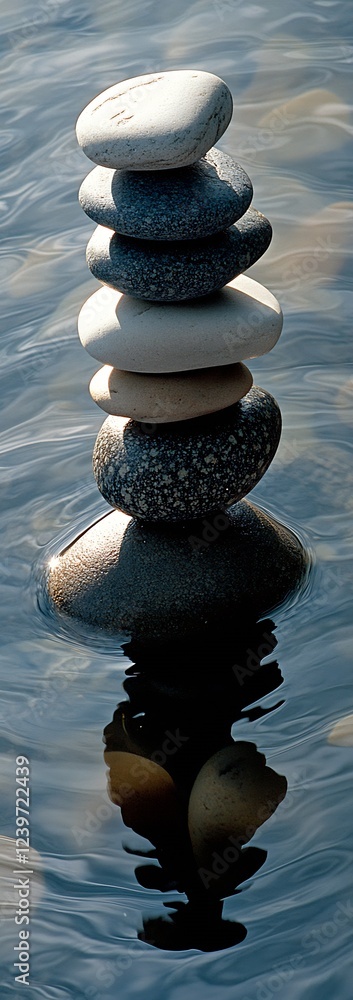 Poster balanced stones towered over calm water reflecting serenity and tranquility : generative ai