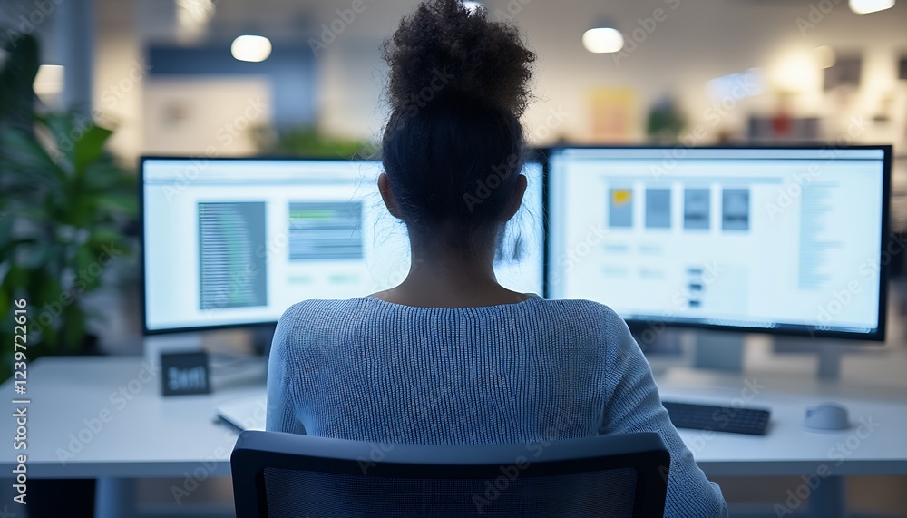 Poster young woman engrossed in work on dual computer displays in a lively office environment : generative 