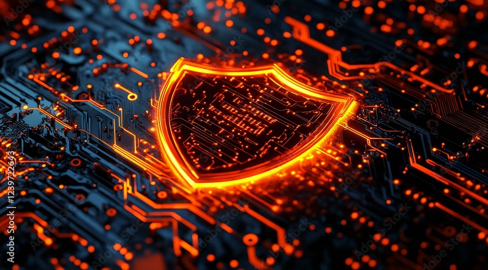 Aufkleber Stylized Shield Icon with Digital Circuitry and Ambient Orange Light for Security Themes : Generative AI
