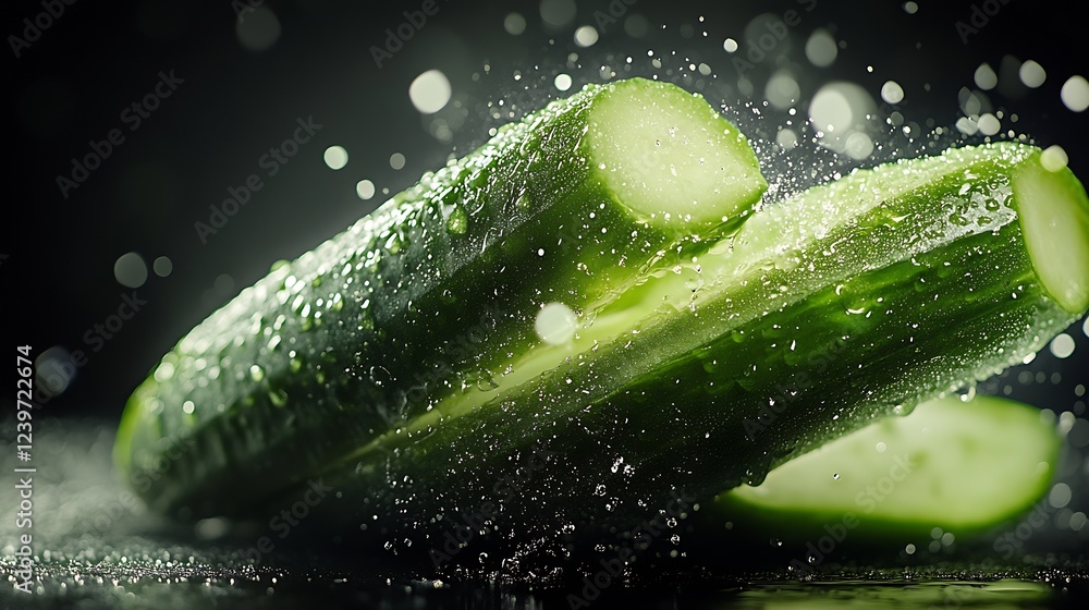 Poster freshly cut cucumber with water drops glistening in studio light on black background : generative ai