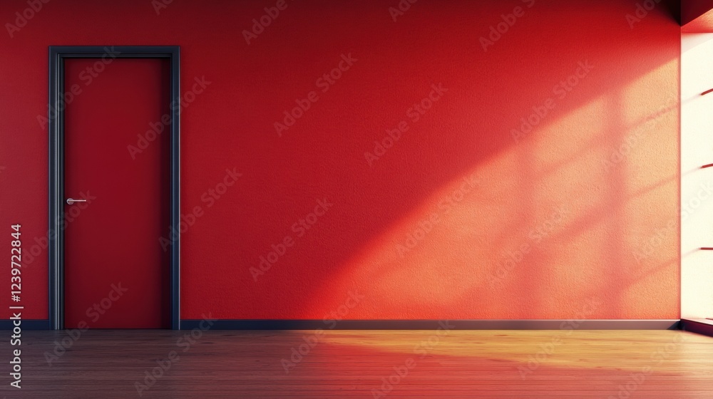 Aufkleber bright red wall with a door and shadows from sunlight in a spacious interior. generative ai