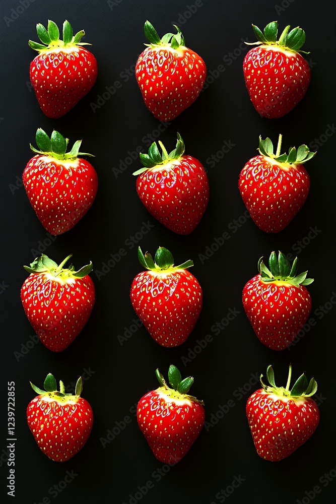 Poster vibrant fresh strawberries arranged symmetrically on black surface emphasizing their glossy texture 