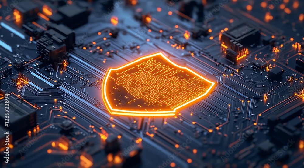 Poster Abstract Shield Shape on Circuit Board Reflecting Data Security and Technology : Generative AI