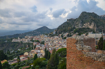 view of Taormina from the viewpoint Ancient Theatre	