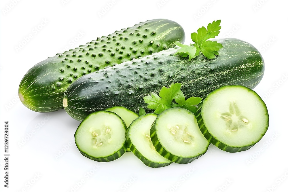 Aufkleber fresh green cucumbers with slices and herbs on white background for healthy food concepts : generati