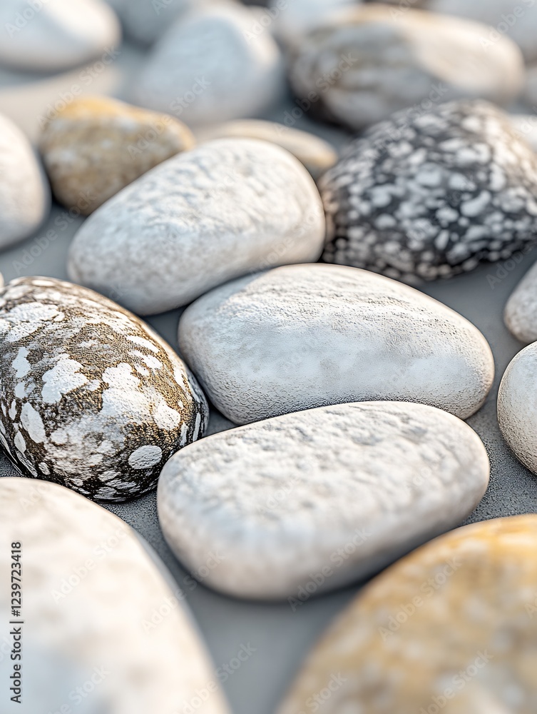 Poster charming collection of diverse pebbles showcasing smooth textures and gentle colors ideal for soothi