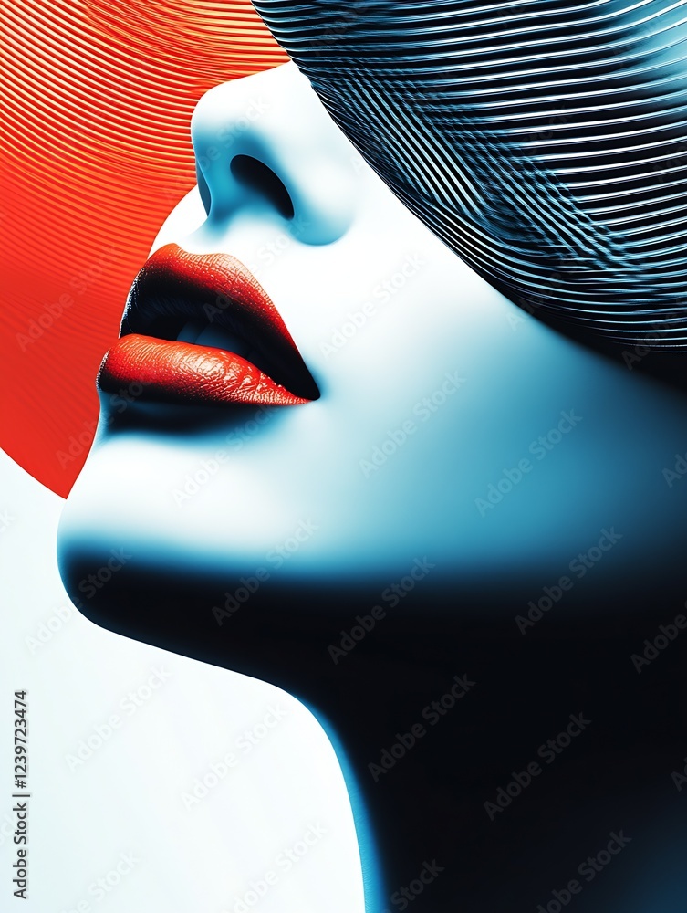 Poster stylish portrait iconic beauty with bold red lips and abstract artistic elements : generative ai
