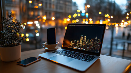 A laptop computer is open on a table with a cell phone and a cup of coffee. generated using AI